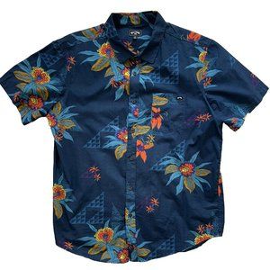 Billabong Button Up Shirt Men L Blue Floral/Tropical Hawaiian